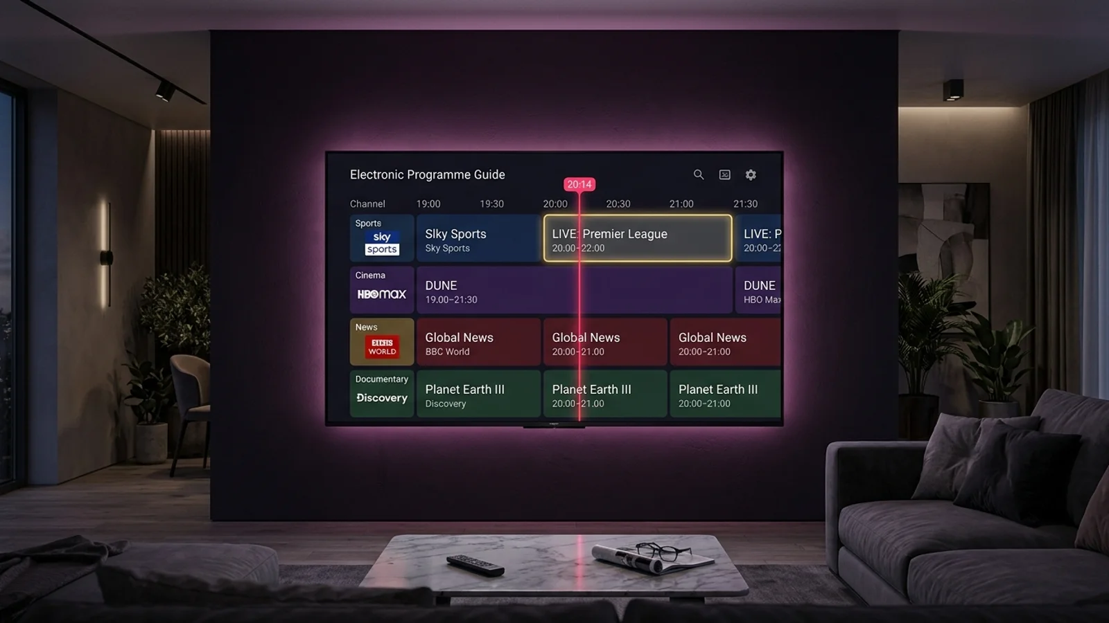 Smart TV screen displaying an interactive Electronic Programme Guide grid with live program timeline
