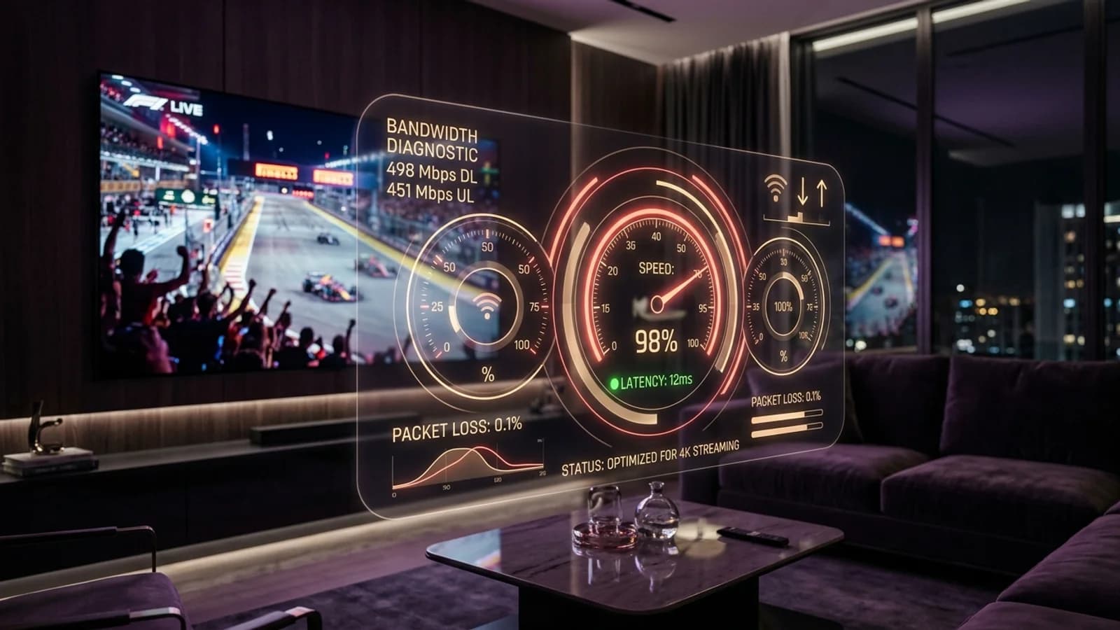 Digital speed test meter showing high bandwidth throughput and low ping latency for 4K streaming