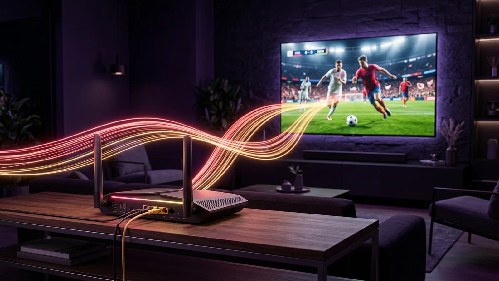 Wi-Fi 6 router streaming uninterrupted 4K sports video to a wall-mounted television over low-latency connection