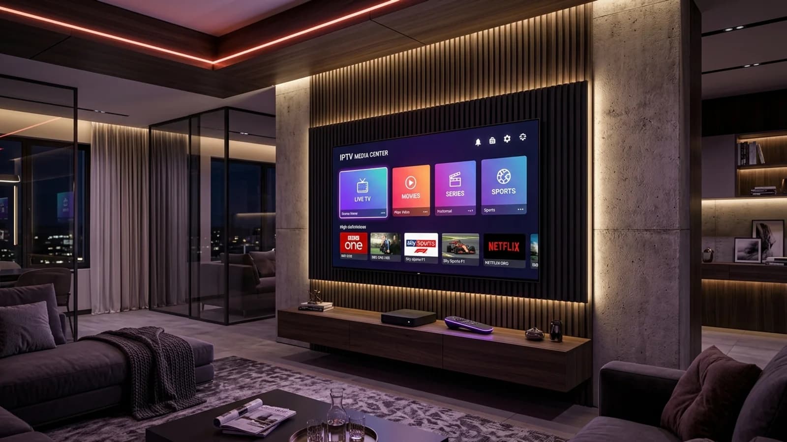 Modern 4K television displaying an IPTV media center interface in a living room with streaming box and remote