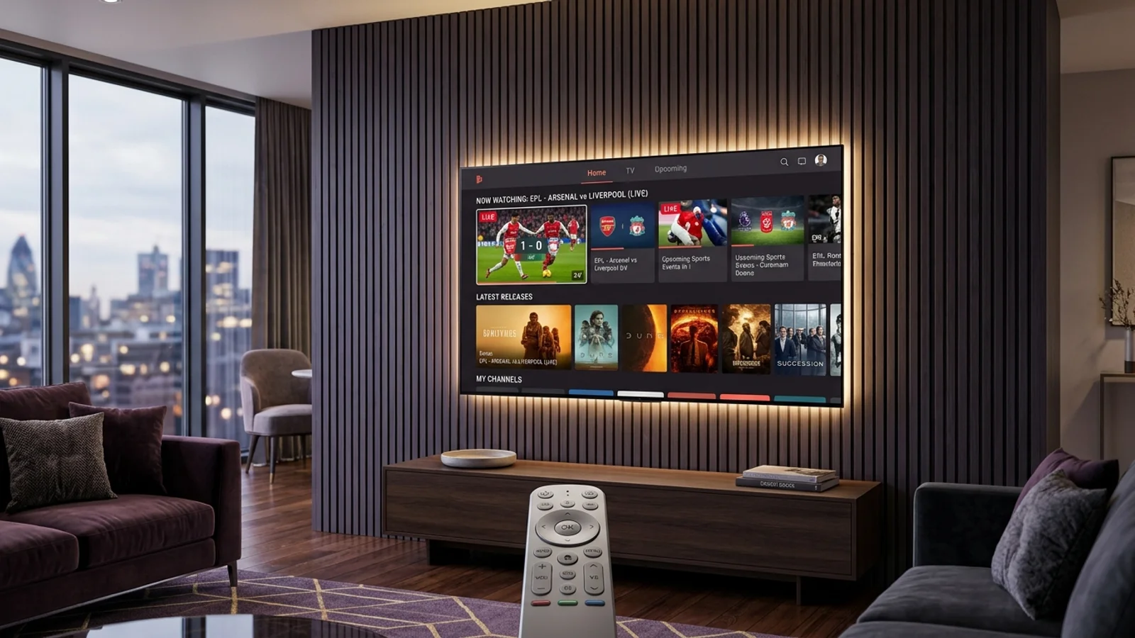 Frameless Smart TV showing a streaming application dashboard with remote control in the foreground
