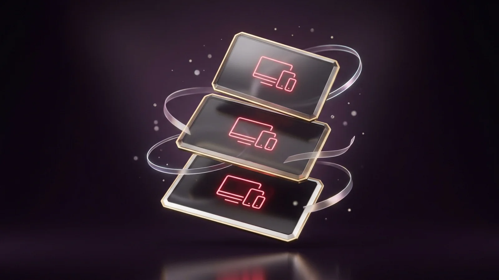 Digital 3D rendering of multi-screen IPTV streaming subscription passes with champagne gold and coral borders